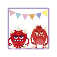 square frame with funny monsters and garlands hanging vector