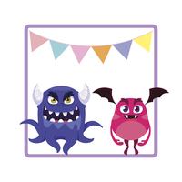 square frame with funny monsters and garlands hanging vector