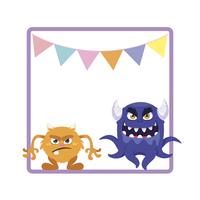 square frame with funny monsters and garlands hanging vector