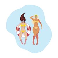 Chicas con traje de baño y salvavidas flotan en el agua. vector