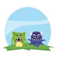 funny monsters couple in the field characters colorful vector