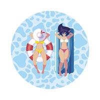 girls with swimsuit in lifeguard and mattress floats in water vector