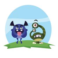 funny monsters couple in the field characters colorful vector