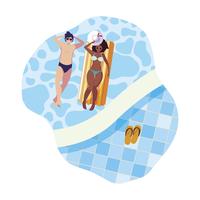 interracial couple with float mattress in water vector