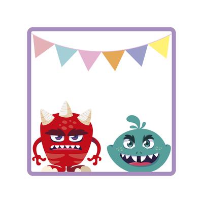 square frame with funny monsters and garlands hanging