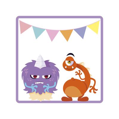 square frame with funny monsters and garlands hanging