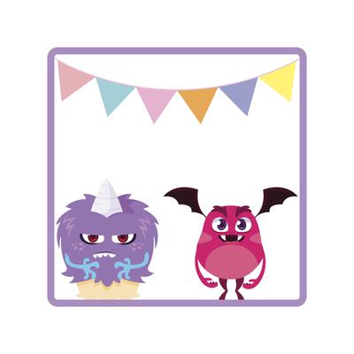 square frame with funny monsters and garlands hanging