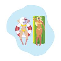 girls with swimsuit in lifeguard and mattress floats in water vector