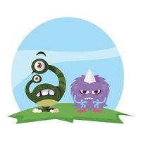 funny monsters couple in the field characters colorful vector