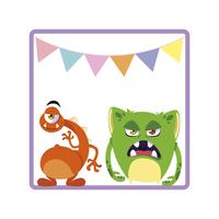 square frame with funny monsters and garlands hanging vector