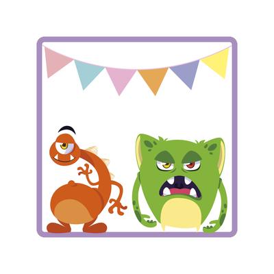 square frame with funny monsters and garlands hanging