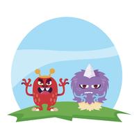 funny monsters couple in the field characters colorful vector