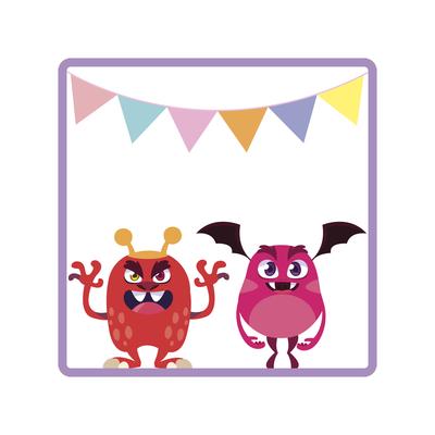 square frame with funny monsters and garlands hanging