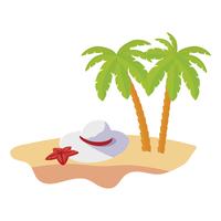 Escena de playa de verano con palmeras y sombrero femenino vector