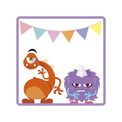 square frame with funny monsters and garlands hanging