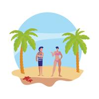 young boy with woman on the beach summer scene vector