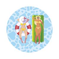 girls with swimsuit in lifeguard and mattress floats in water vector