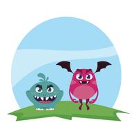 funny monsters couple in the field characters colorful vector