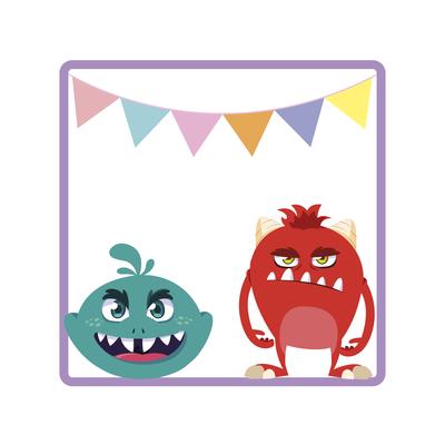 square frame with funny monsters and garlands hanging