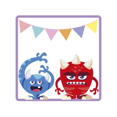 square frame with funny monsters and garlands hanging