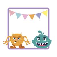 square frame with funny monsters and garlands hanging vector