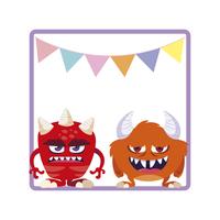 square frame with funny monsters and garlands hanging vector