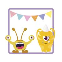 square frame with funny monsters and garlands hanging vector