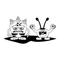 divertidos monstruos pareja comic personajes monocromo vector