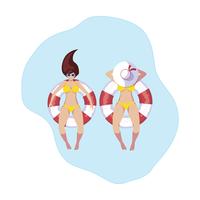 Chicas con traje de baño y salvavidas flotan en el agua. vector