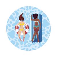 Chicas interraciales con traje de baño y salvavidas flotan en el agua. vector