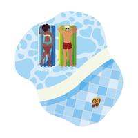 Pareja interracial con colchón flotador en agua. vector