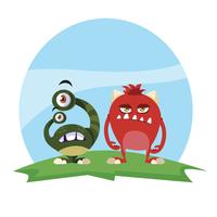 funny monsters couple in the field characters colorful vector