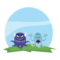 funny monsters couple in the field characters colorful vector