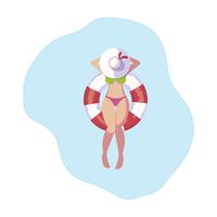 mujer con traje de baño y salvavidas flotando en el agua vector