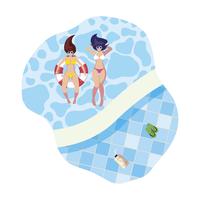 girls with swimsuit and lifeguard float in pool vector