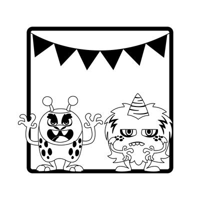 monochrome frame with monsters and garlands hanging