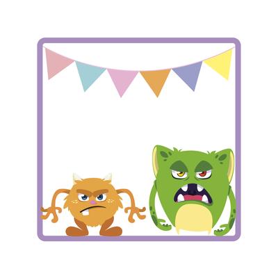 square frame with funny monsters and garlands hanging