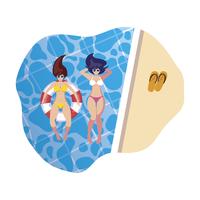 girls with swimsuit and lifeguard float in water vector