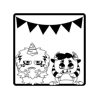 monochrome frame with monsters and garlands hanging