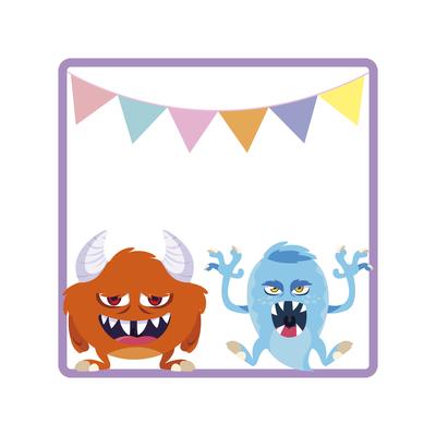 square frame with funny monsters and garlands hanging