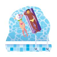 interracial couple with float mattress in water vector