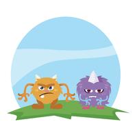 funny monsters couple in the field characters colorful vector