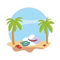 Playa de verano con palmeras y escena de sombrero femenino. vector