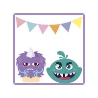 square frame with funny monsters and garlands hanging vector