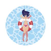 woman with swimsuit and lifeguard float floating in water vector