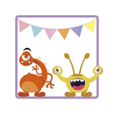 square frame with funny monsters and garlands hanging