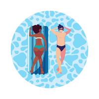 Pareja interracial con colchón flotador en agua. vector