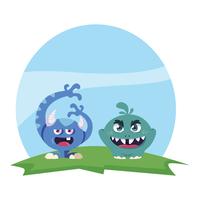 funny monsters couple in the field characters colorful vector