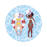 Chicas interraciales con traje de baño y salvavidas flotan en el agua. vector