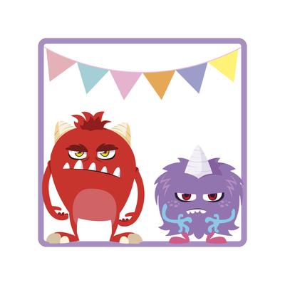 square frame with funny monsters and garlands hanging